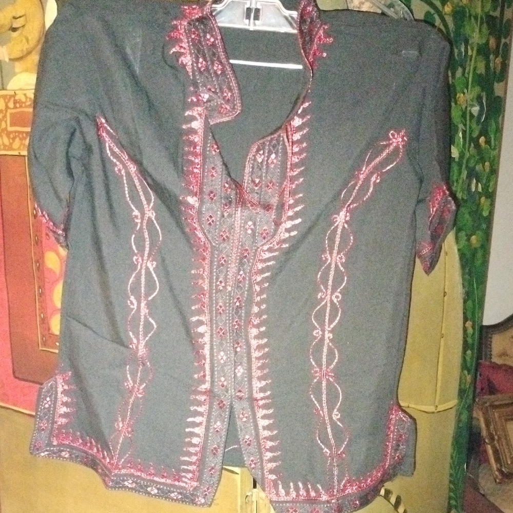 Embroidered Kids Moroccan Tunic Shirt - Black with Red